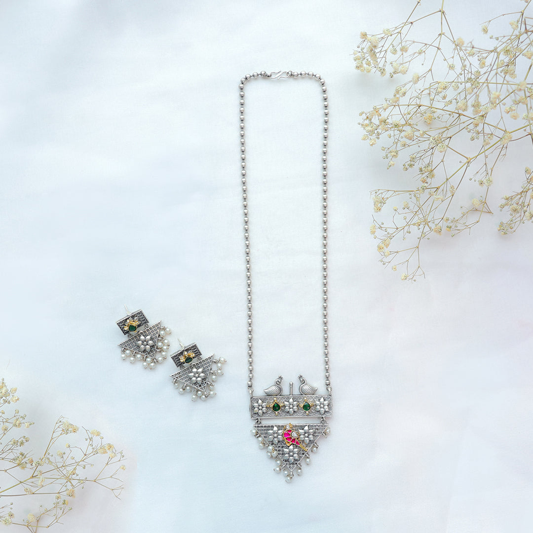 Peacock Motif Oxidized Silver Necklace