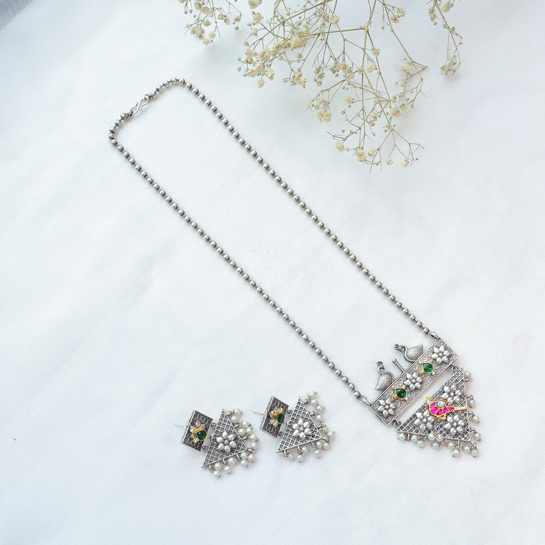 Peacock Motif Oxidized Silver Necklace