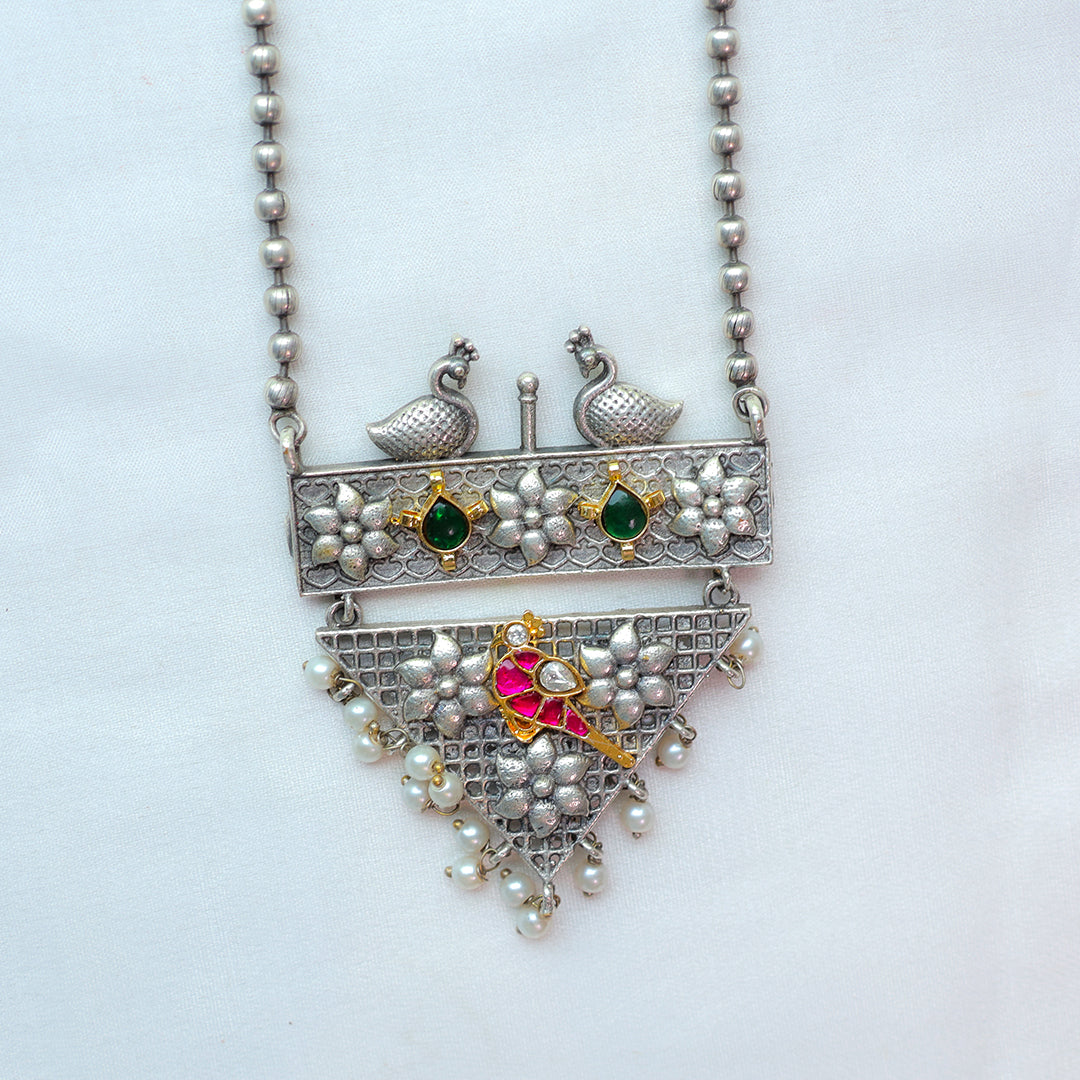 Peacock Motif Oxidized Silver Necklace