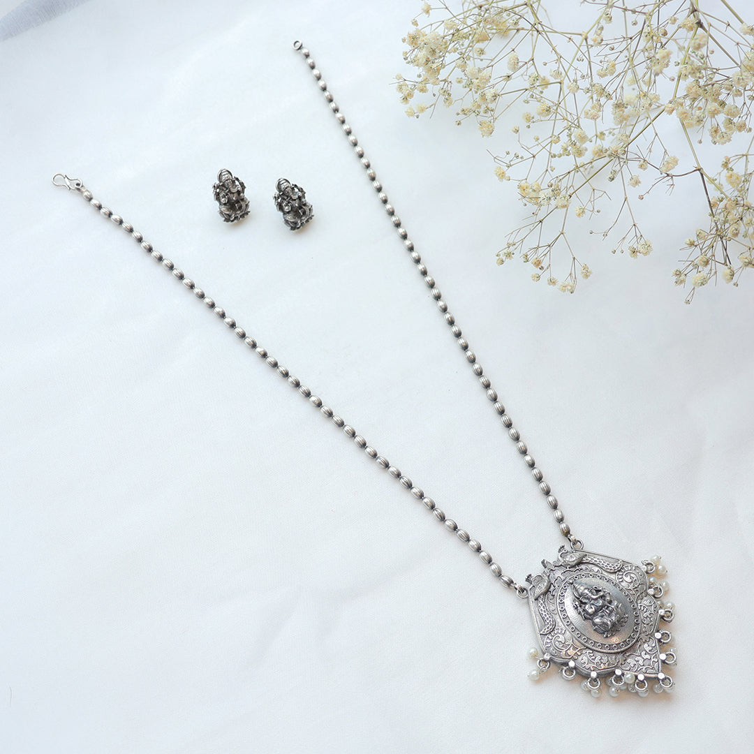 Oxidized Silver Ganesha Temple Necklace