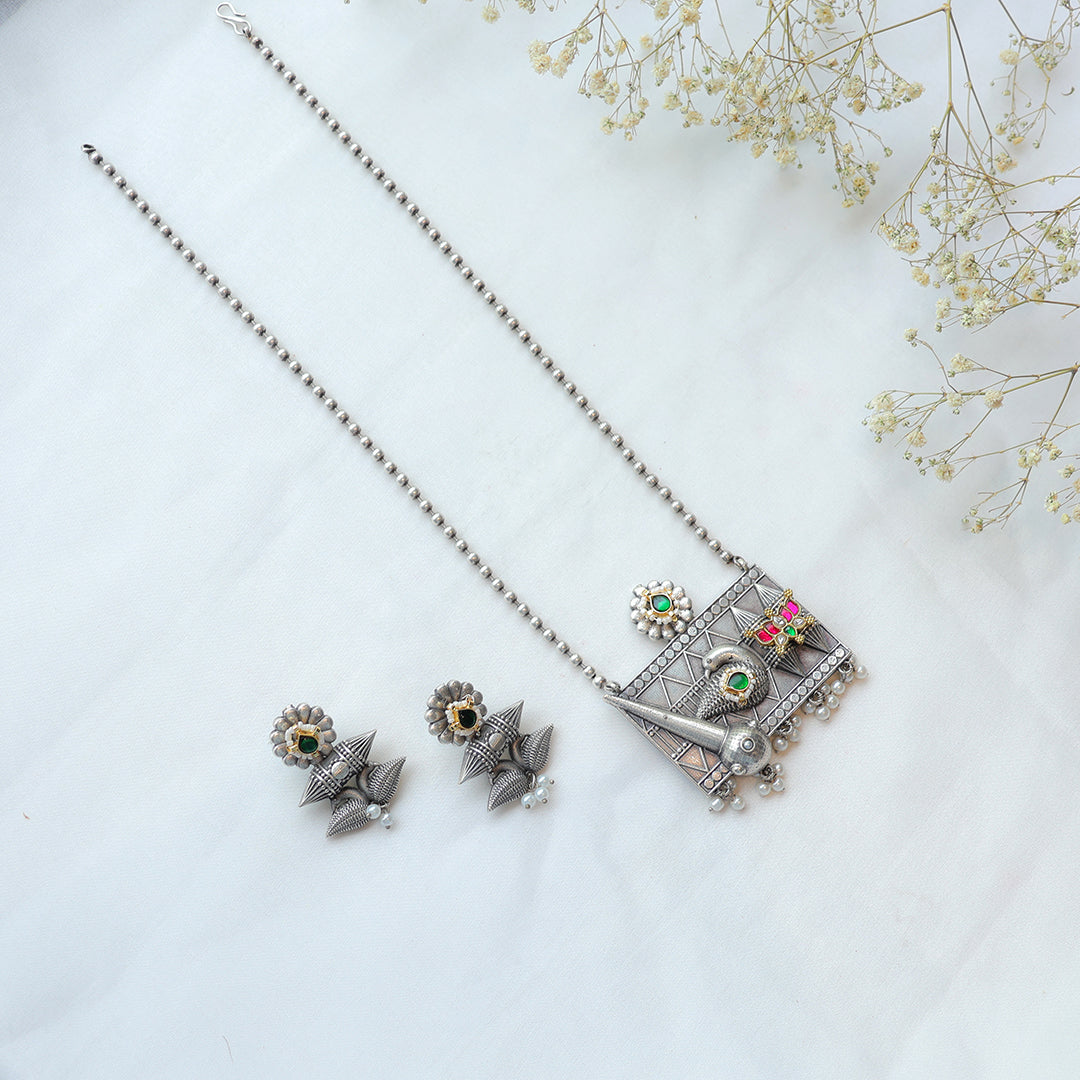 Tribal Oxidized Silver Necklace with Temple Motif