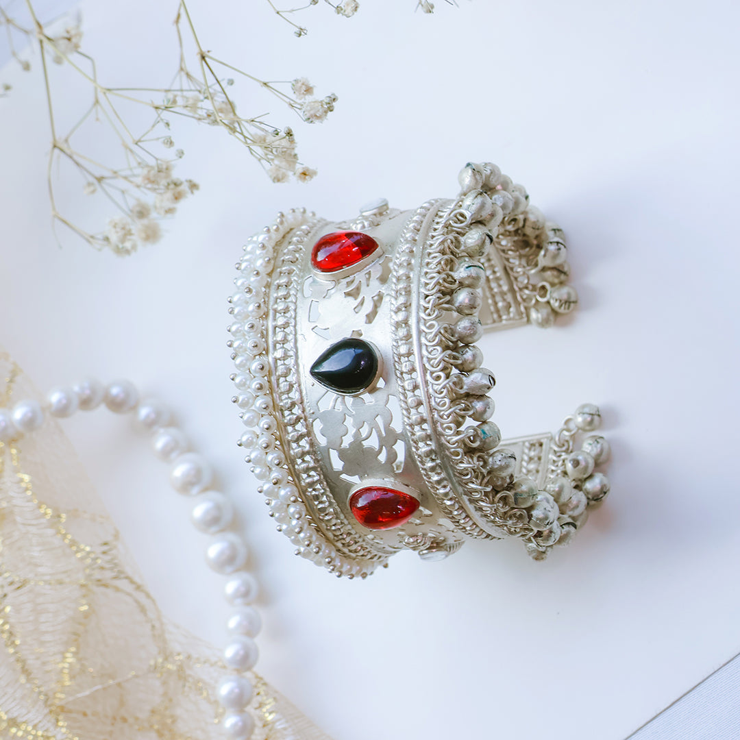 Oxidized Silver Kada with Black & Red Teardrop Kundan Stones and Ghungroo Bells