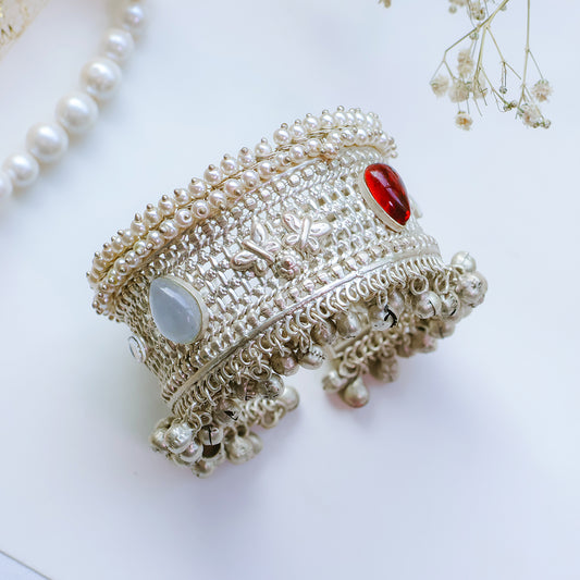 Oxidized Silver Kada with Butterfly Motifs, Red & White Kundan Stones, and Ghungroo Bells