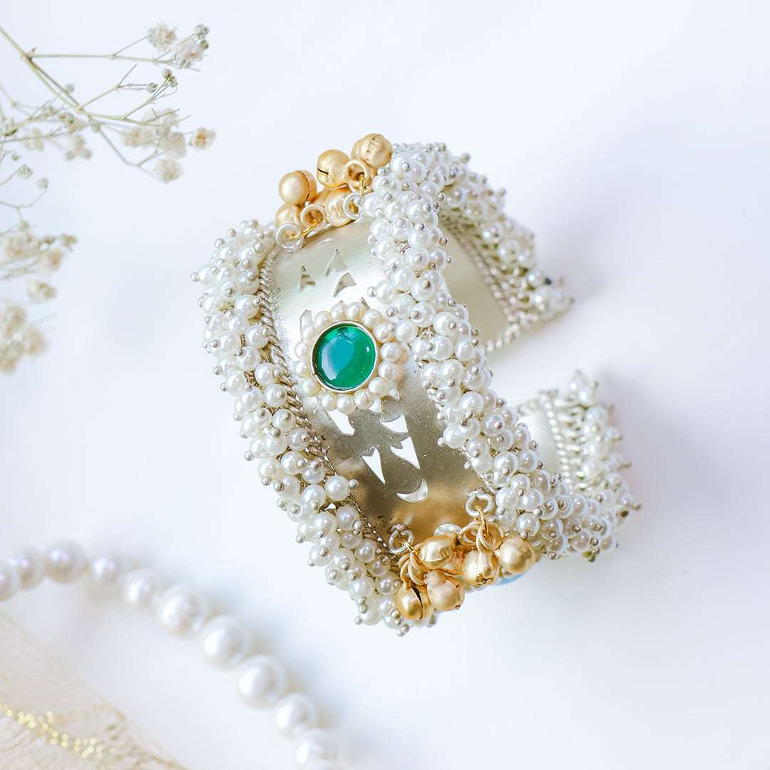 Handcrafted Pearl Kada with Green Kundan & Golden Ghungroo Detailing