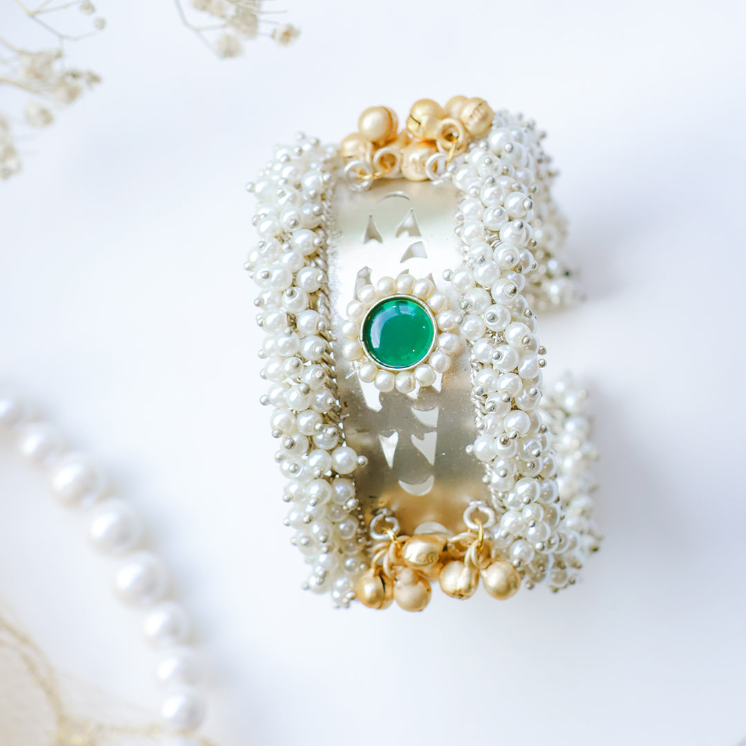 Handcrafted Pearl Kada with Green Kundan & Golden Ghungroo Detailing