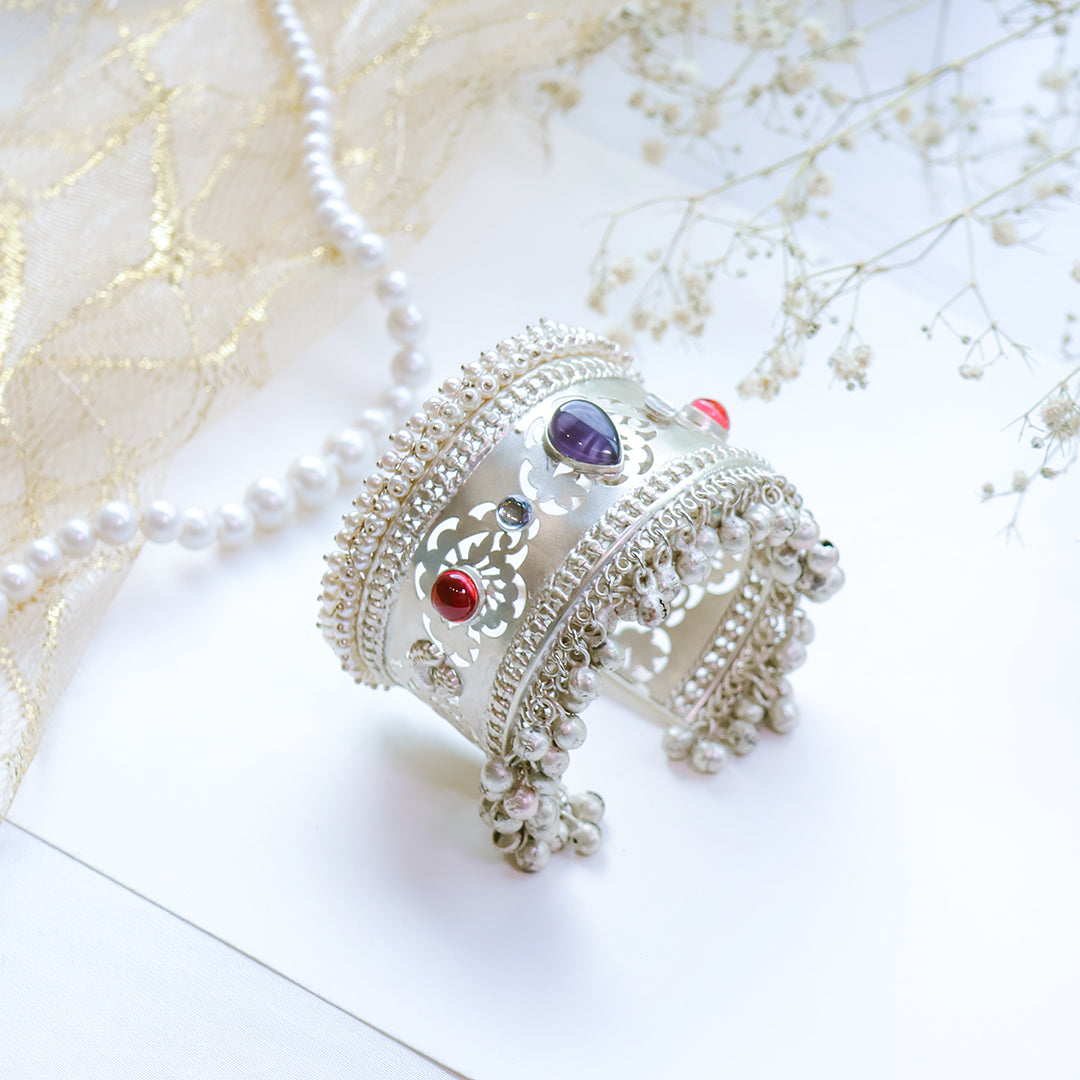 Handcrafted Oxidized Silver Plated Cuff Bracelet with Ghungroo Bells