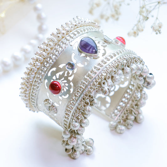 Handcrafted Oxidized Silver Plated Cuff Bracelet with Ghungroo Bells