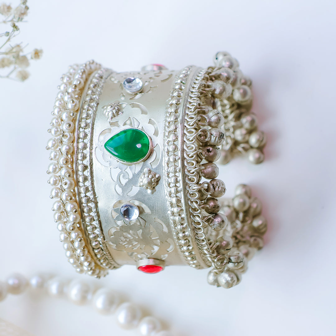 Traditional Silver Kundan Cuff Bracelet