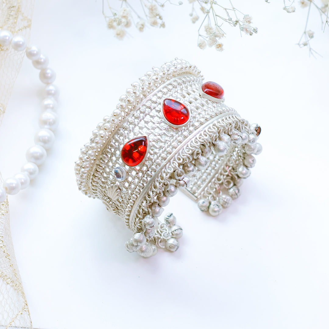 Oxidized Silver Kada with Red Teardrop Kundan Stones and Ghungroo Detailing