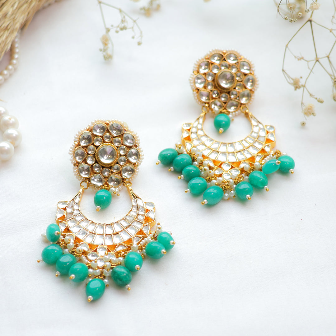 Green Beaded Kundan Chandbali Earrings – Traditional Gold-Plated Festive Jewellery