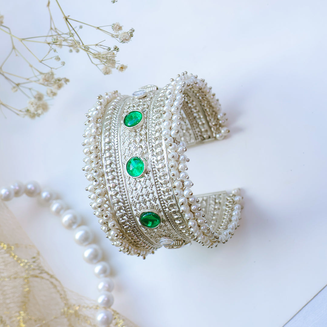 Oxidized Silver Kada with Green Kundan Stones & Pearl Detailing