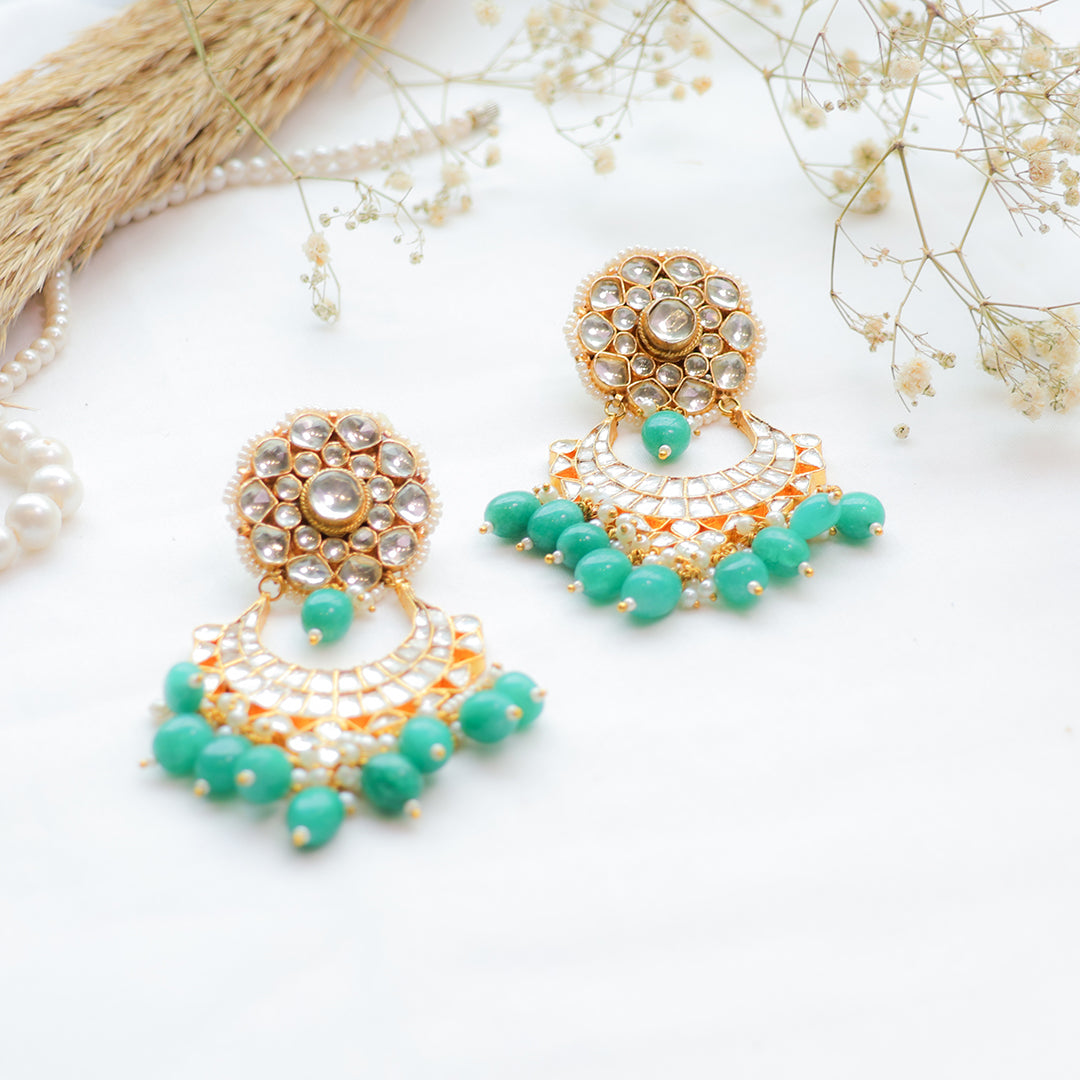 Green Beaded Kundan Chandbali Earrings – Traditional Gold-Plated Festive Jewellery