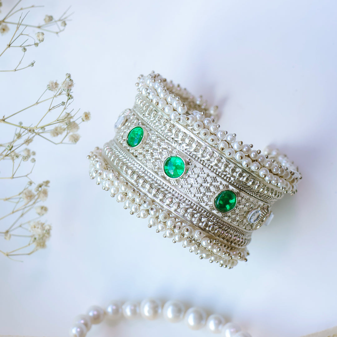 Oxidized Silver Kada with Green Kundan Stones & Pearl Detailing
