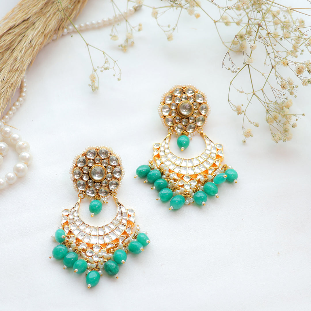 Green Beaded Kundan Chandbali Earrings – Traditional Gold-Plated Festive Jewellery