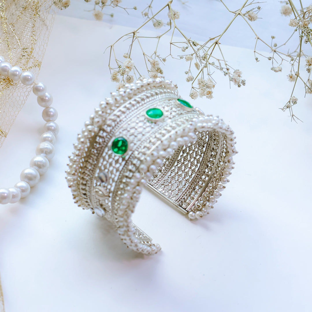 Oxidized Silver Kada with Green Kundan Stones & Pearl Detailing