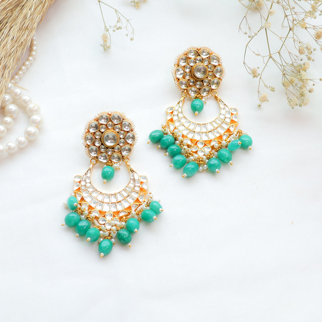 Green Beaded Kundan Chandbali Earrings – Traditional Gold-Plated Festive Jewellery