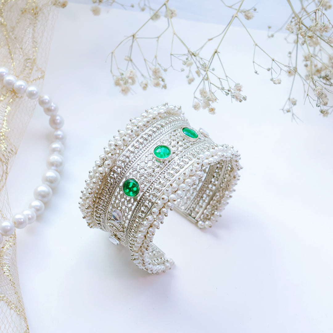 Oxidized Silver Kada with Green Kundan Stones & Pearl Detailing