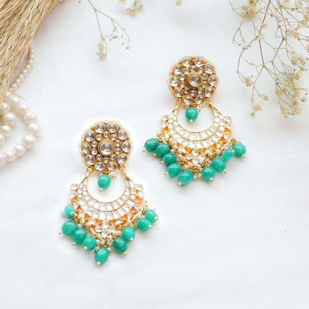 Green Beaded Kundan Chandbali Earrings – Traditional Gold-Plated Festive Jewellery