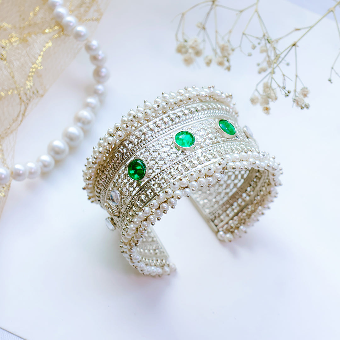 Oxidized Silver Kada with Green Kundan Stones & Pearl Detailing