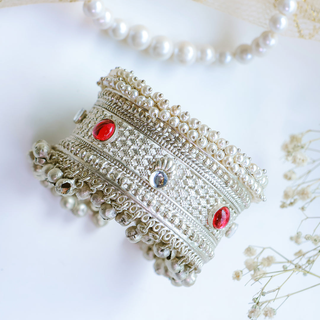 Antique Silver-Plated Cuff Bangle with Ghungroo