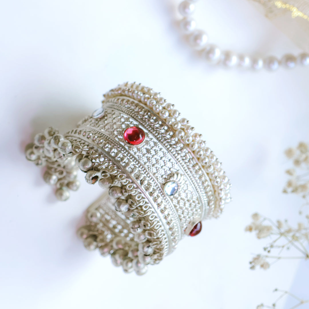 Antique Silver-Plated Cuff Bangle with Ghungroo