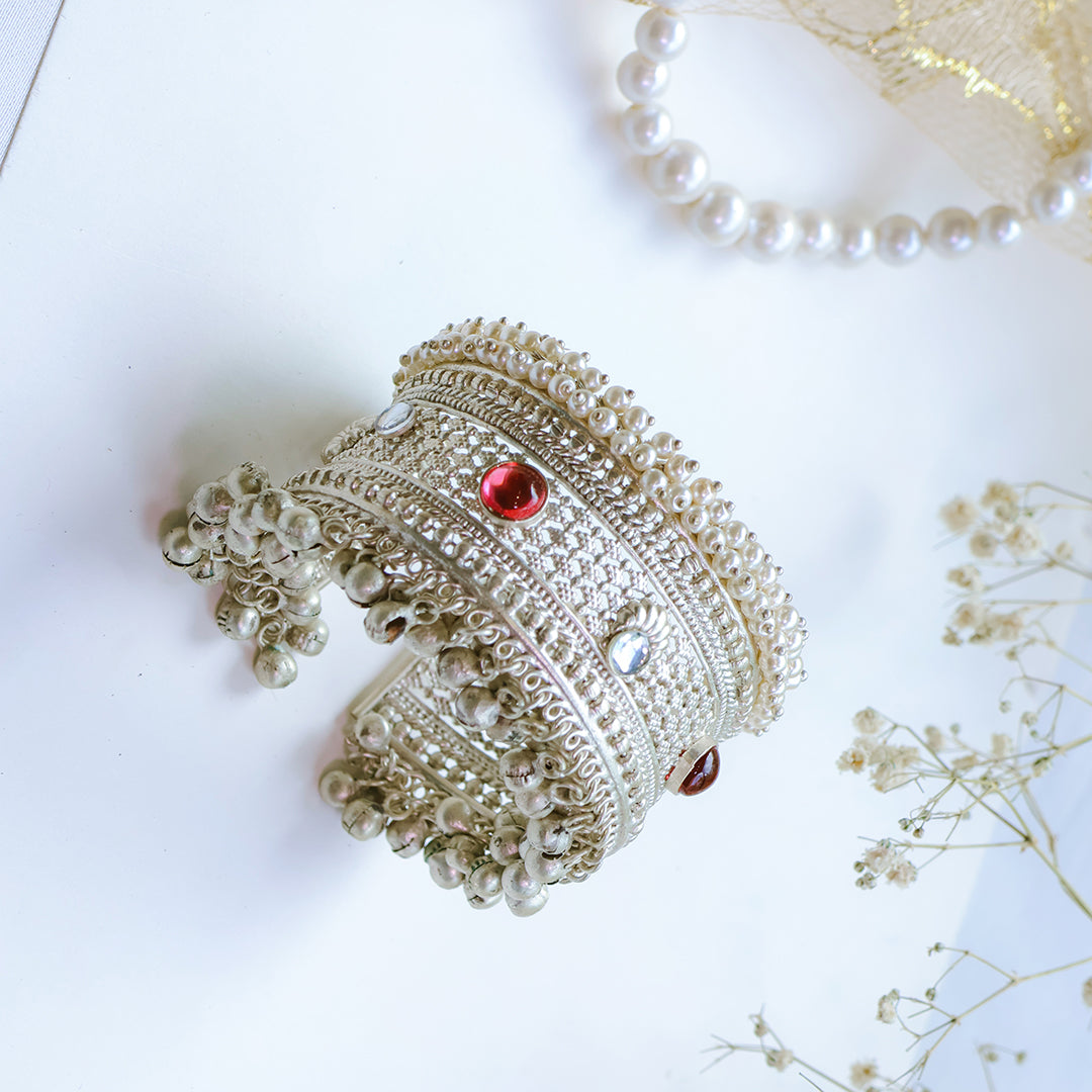 Antique Silver-Plated Cuff Bangle with Ghungroo