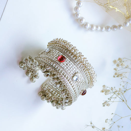 Antique Silver-Plated Cuff Bangle with Ghungroo