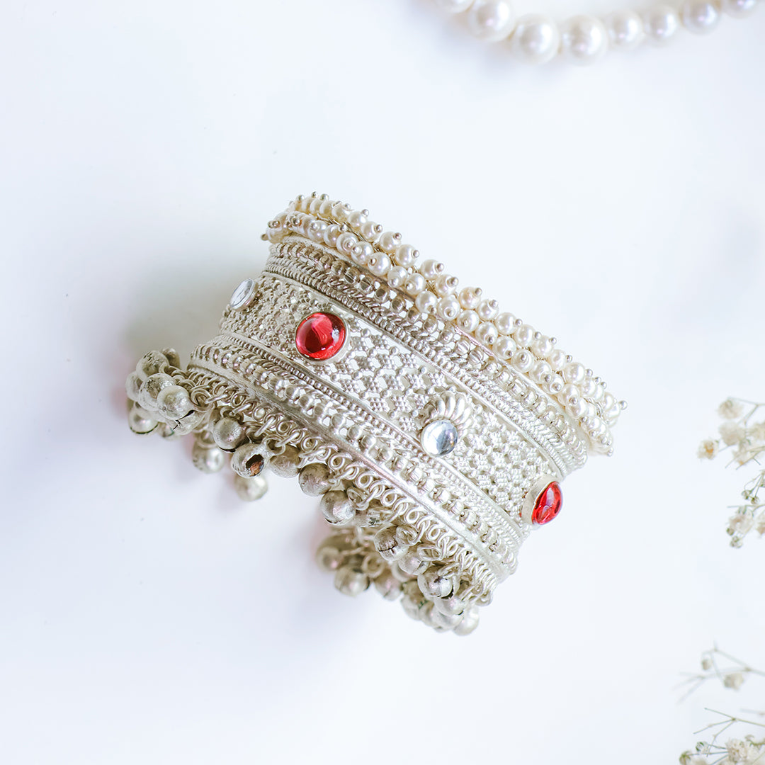 Antique Silver-Plated Cuff Bangle with Ghungroo
