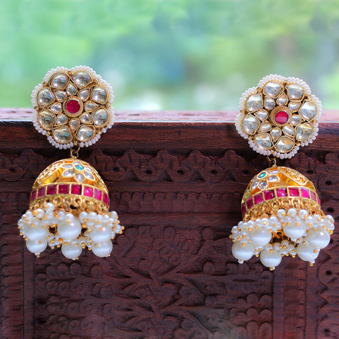 Gold-Plated Kundan Pearl Jhumka Earrings