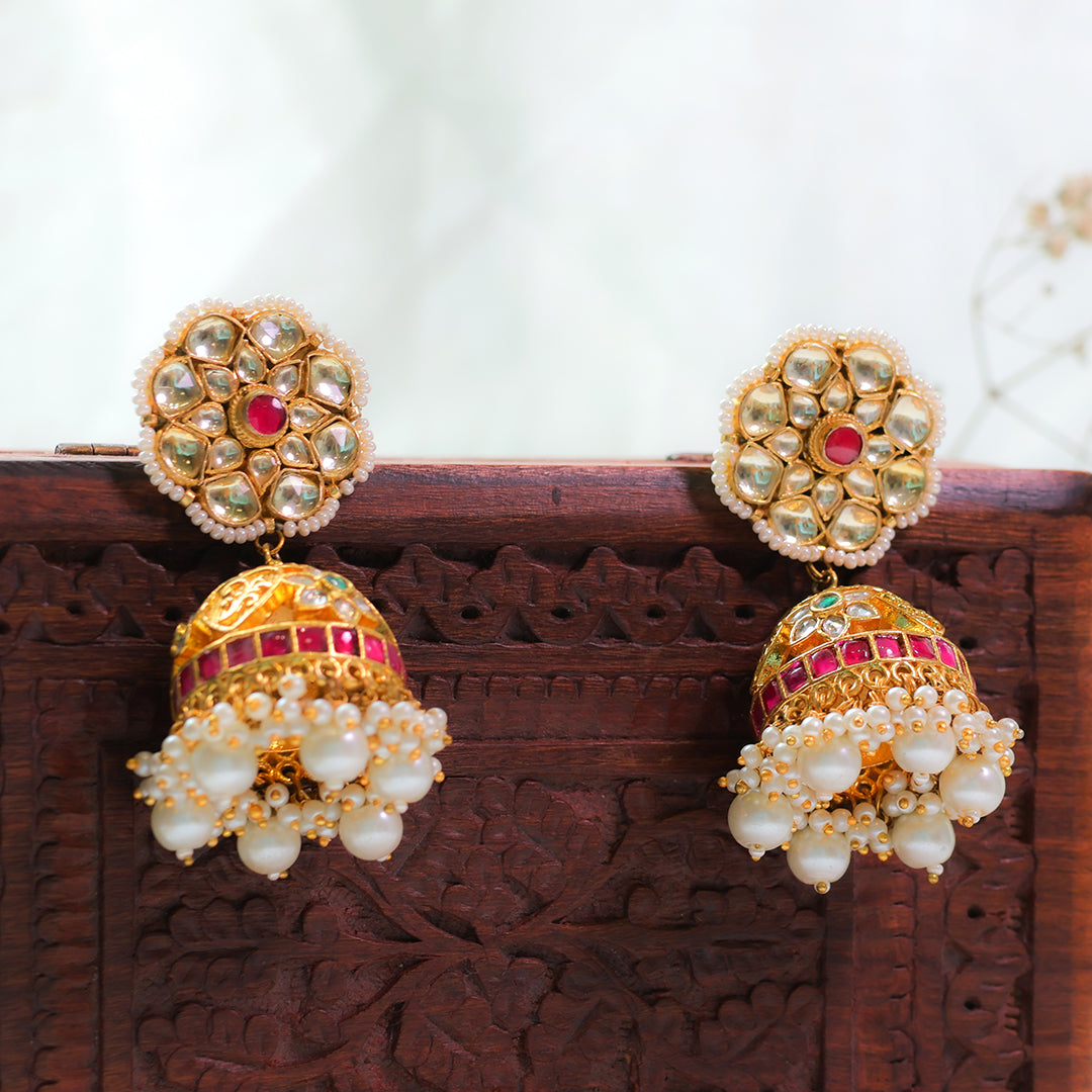Gold-Plated Kundan Pearl Jhumka Earrings