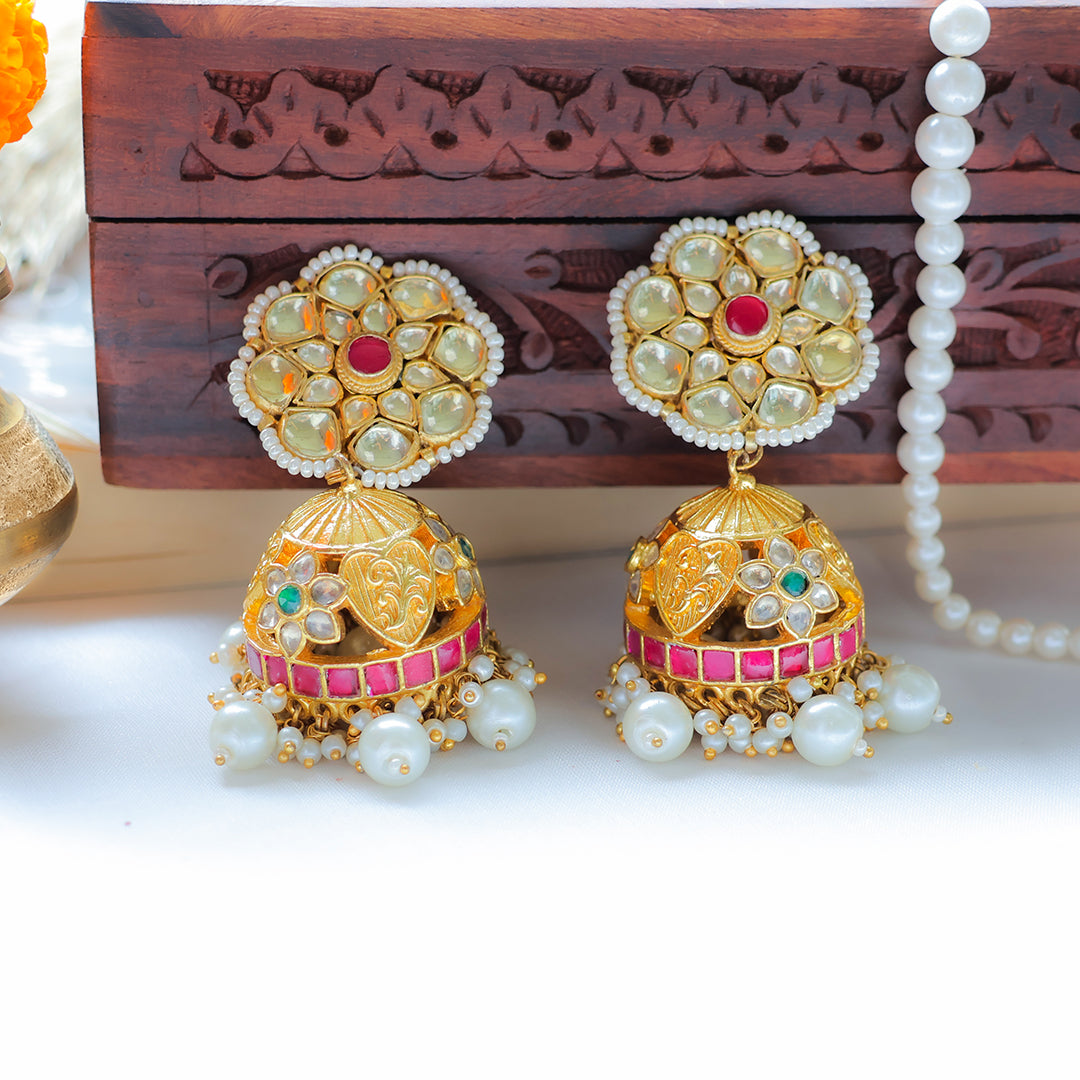 Gold-Plated Kundan Pearl Jhumka Earrings