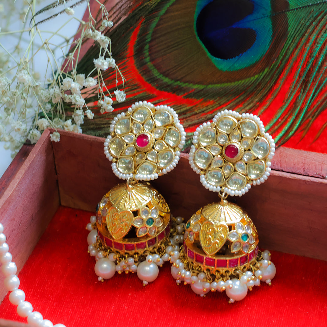 Gold-Plated Kundan Pearl Jhumka Earrings