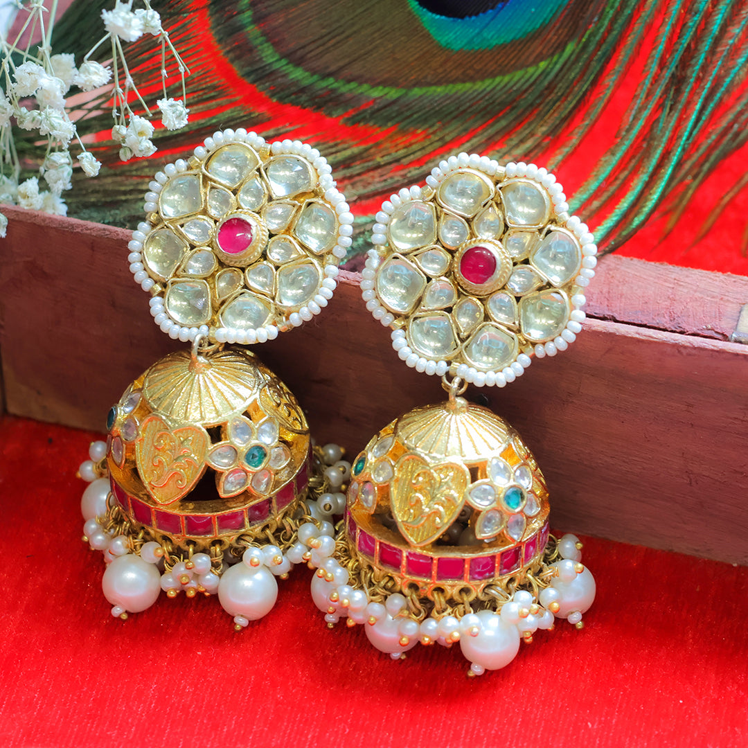 Gold-Plated Kundan Pearl Jhumka Earrings