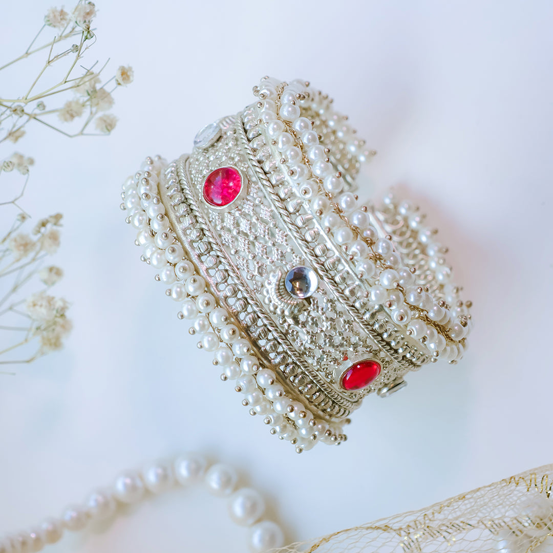 Oxidized Silver Pearl Kada with Red & White Kundan Stones