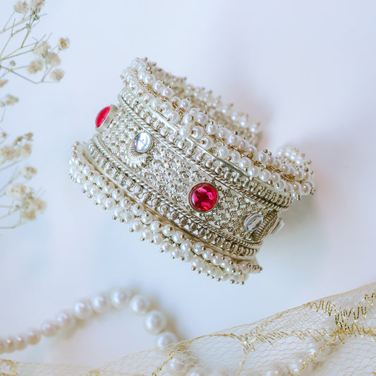 Oxidized Silver Pearl Kada with Red & White Kundan Stones