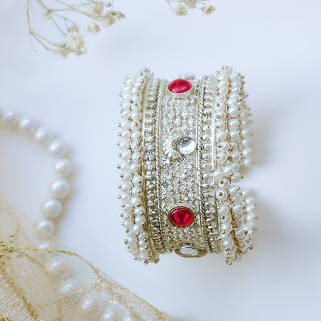 Oxidized Silver Pearl Kada with Red & White Kundan Stones