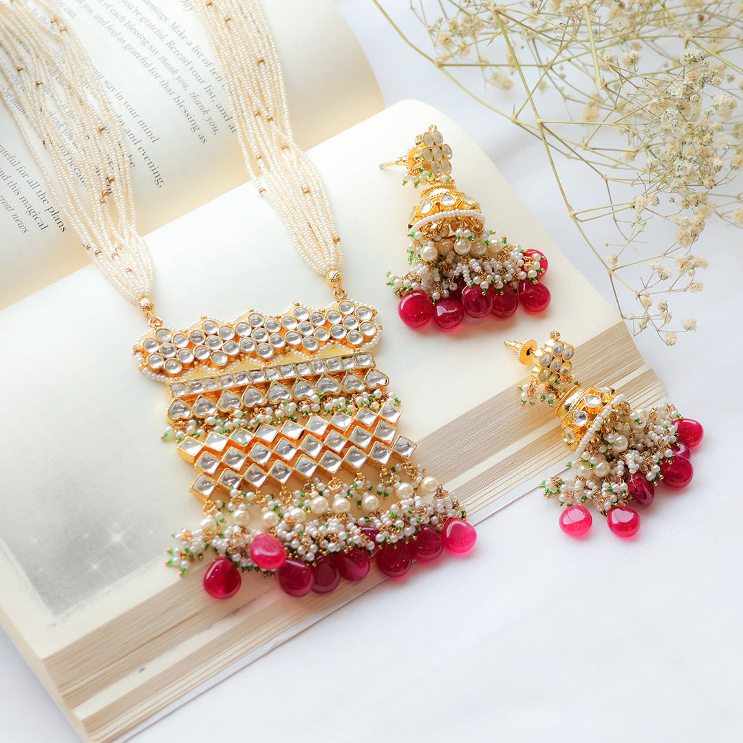 Pearl Multi-Strand Paachi Kundan Necklace Set with Red Bead Drops – Bridal Jhumka Jewellery