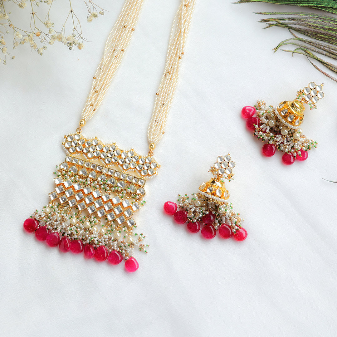 Pearl Multi-Strand Paachi Kundan Necklace Set with Red Bead Drops – Bridal Jhumka Jewellery