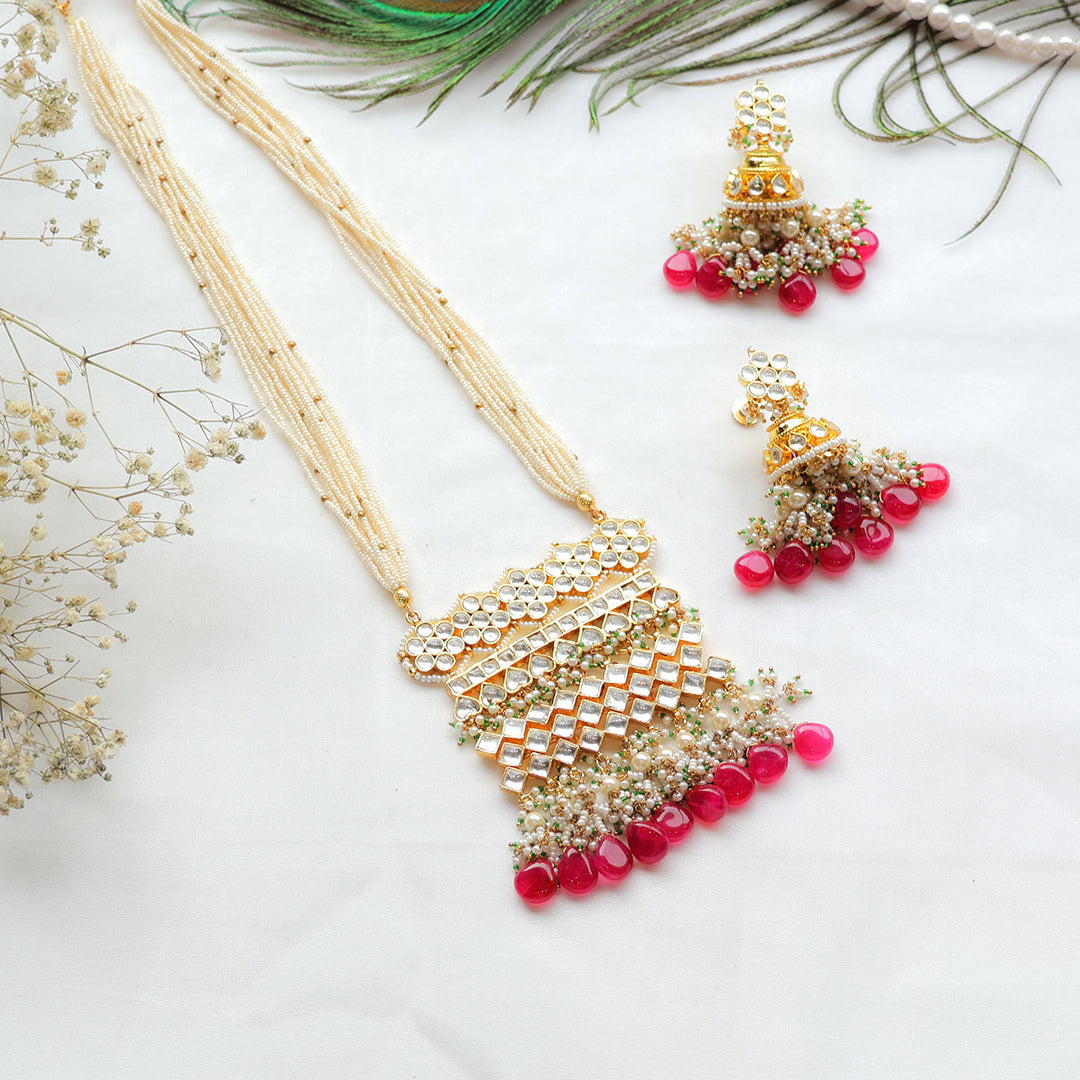 Pearl Multi-Strand Paachi Kundan Necklace Set with Red Bead Drops – Bridal Jhumka Jewellery