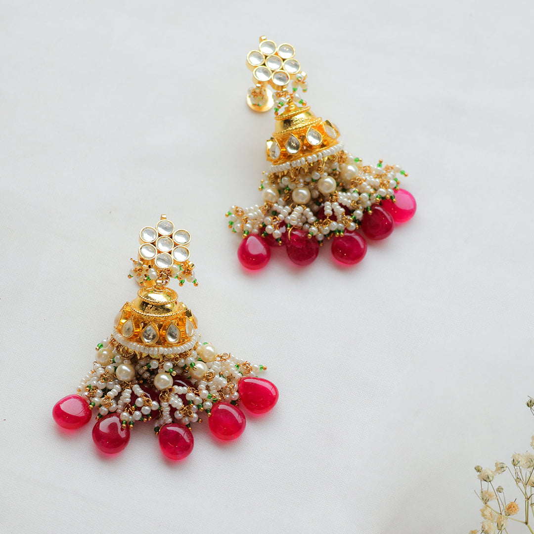 Pearl Multi-Strand Paachi Kundan Necklace Set with Red Bead Drops – Bridal Jhumka Jewellery