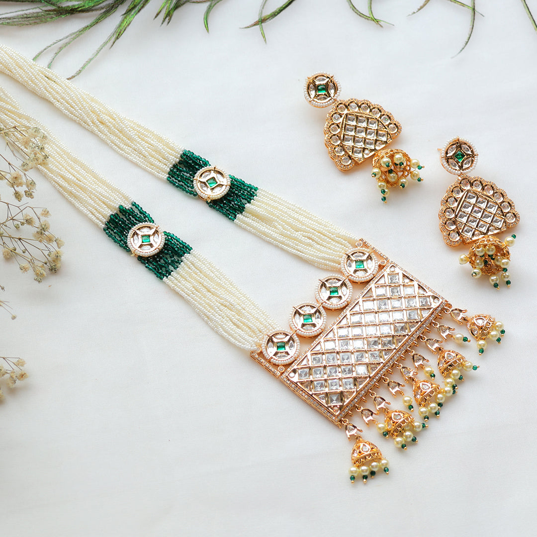 Pearl Beaded Long Kundan Necklace Set with Jhumka Drops – Modern Indian Jewellery