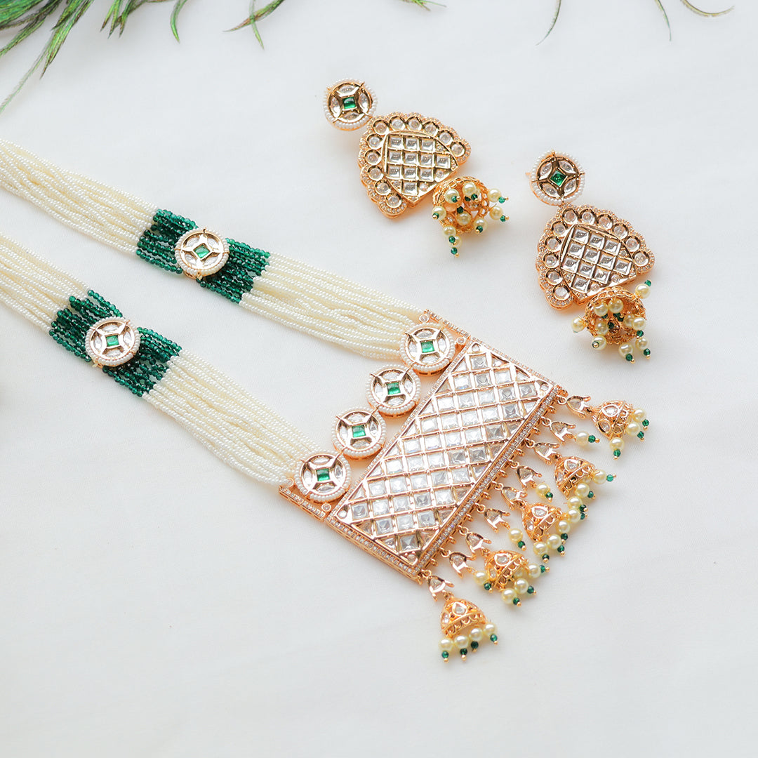 Pearl Beaded Long Kundan Necklace Set with Jhumka Drops – Modern Indian Jewellery