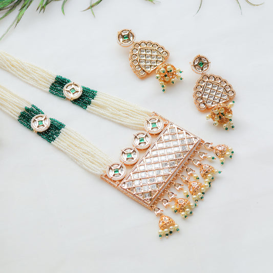 Pearl Beaded Long Kundan Necklace Set with Jhumka Drops – Modern Indian Jewellery