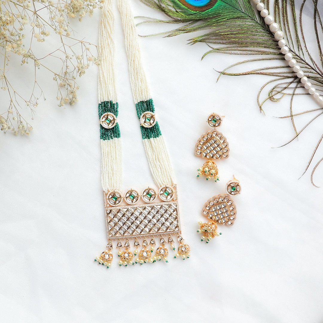Pearl Beaded Long Kundan Necklace Set with Jhumka Drops – Modern Indian Jewellery