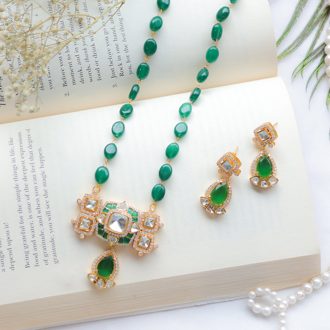 Emerald Green Kundan Necklace Set with Pear Drop Earrings