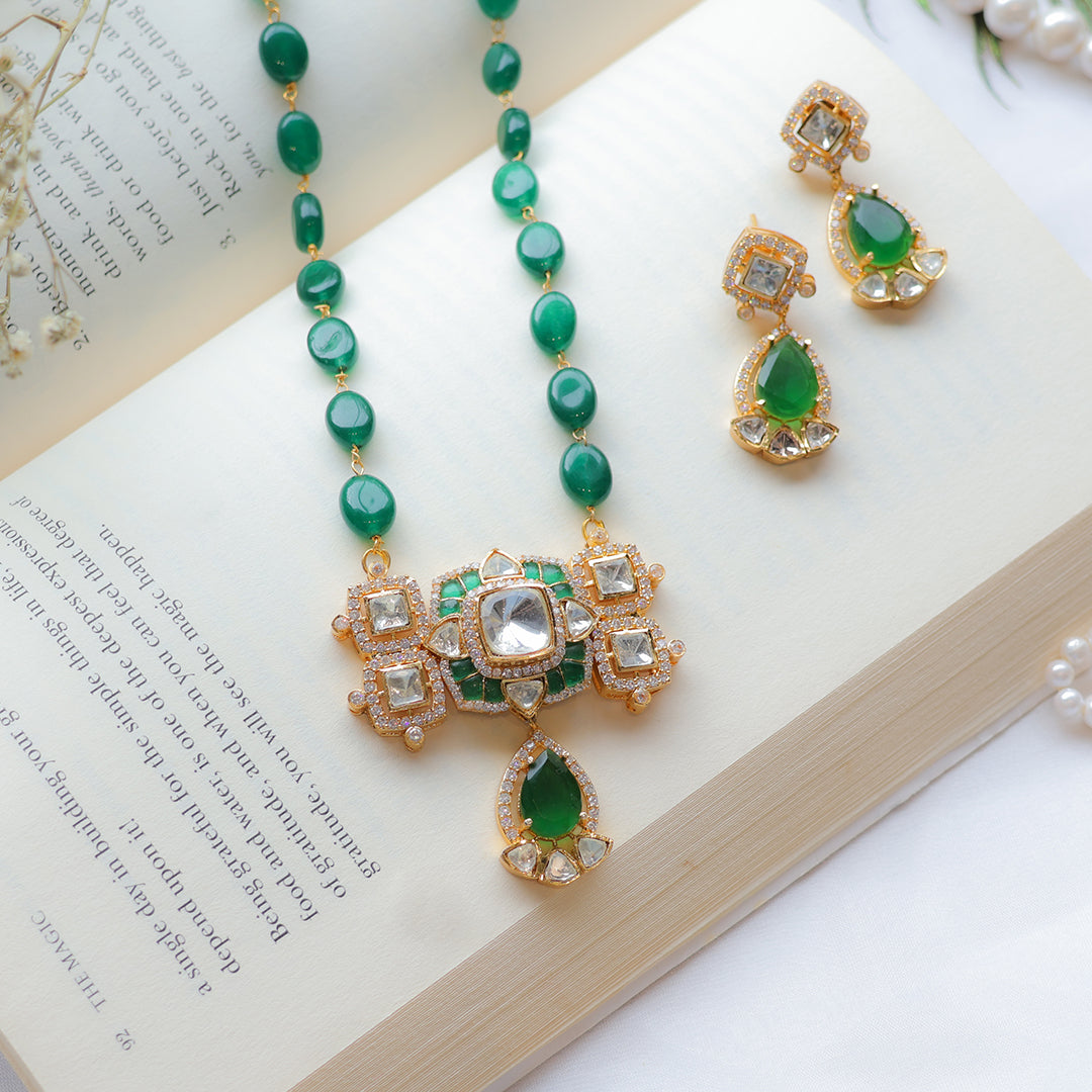 Emerald Green Kundan Necklace Set with Pear Drop Earrings
