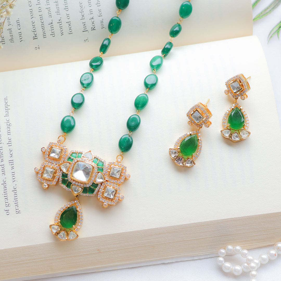 Emerald Green Kundan Necklace Set with Pear Drop Earrings