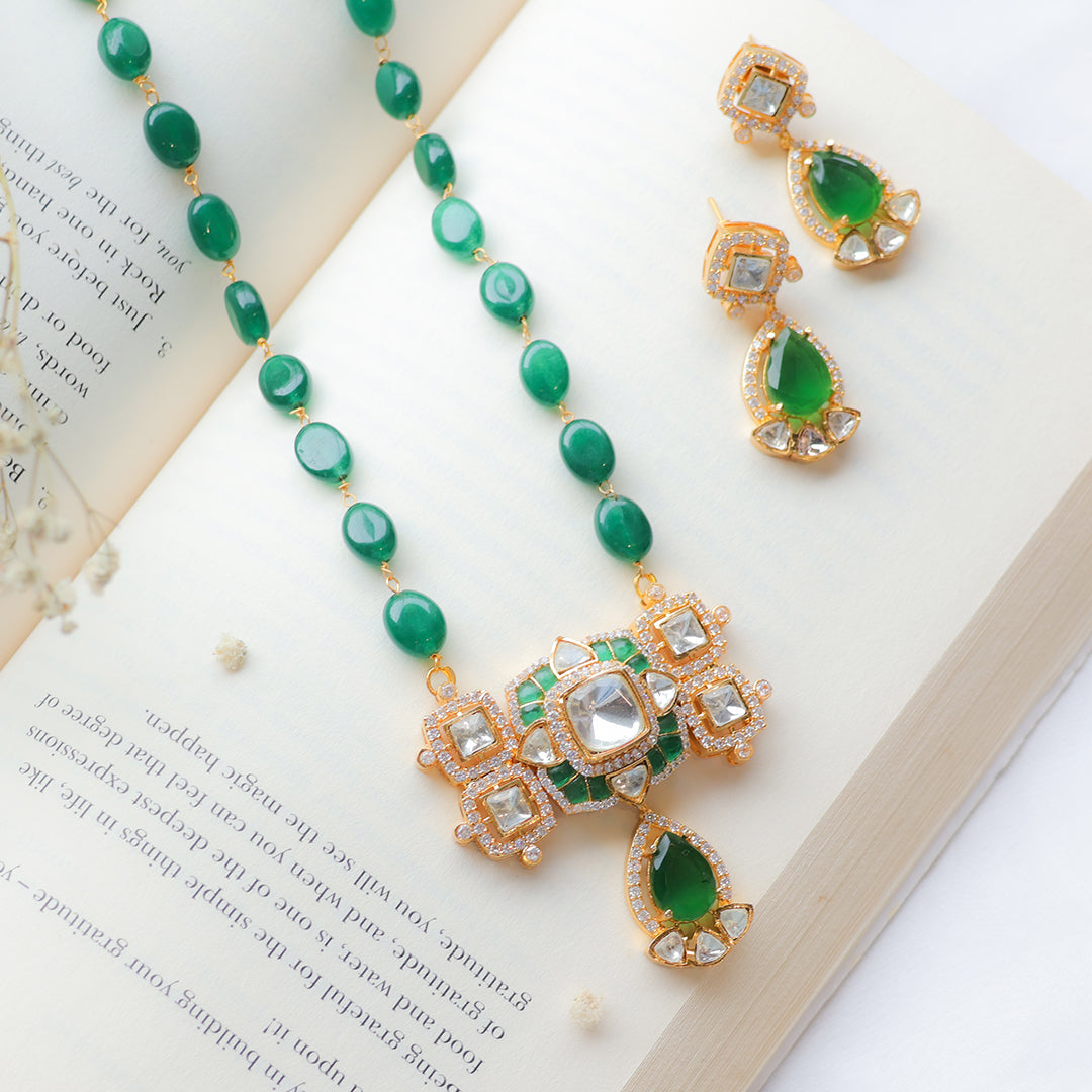Emerald Green Kundan Necklace Set with Pear Drop Earrings