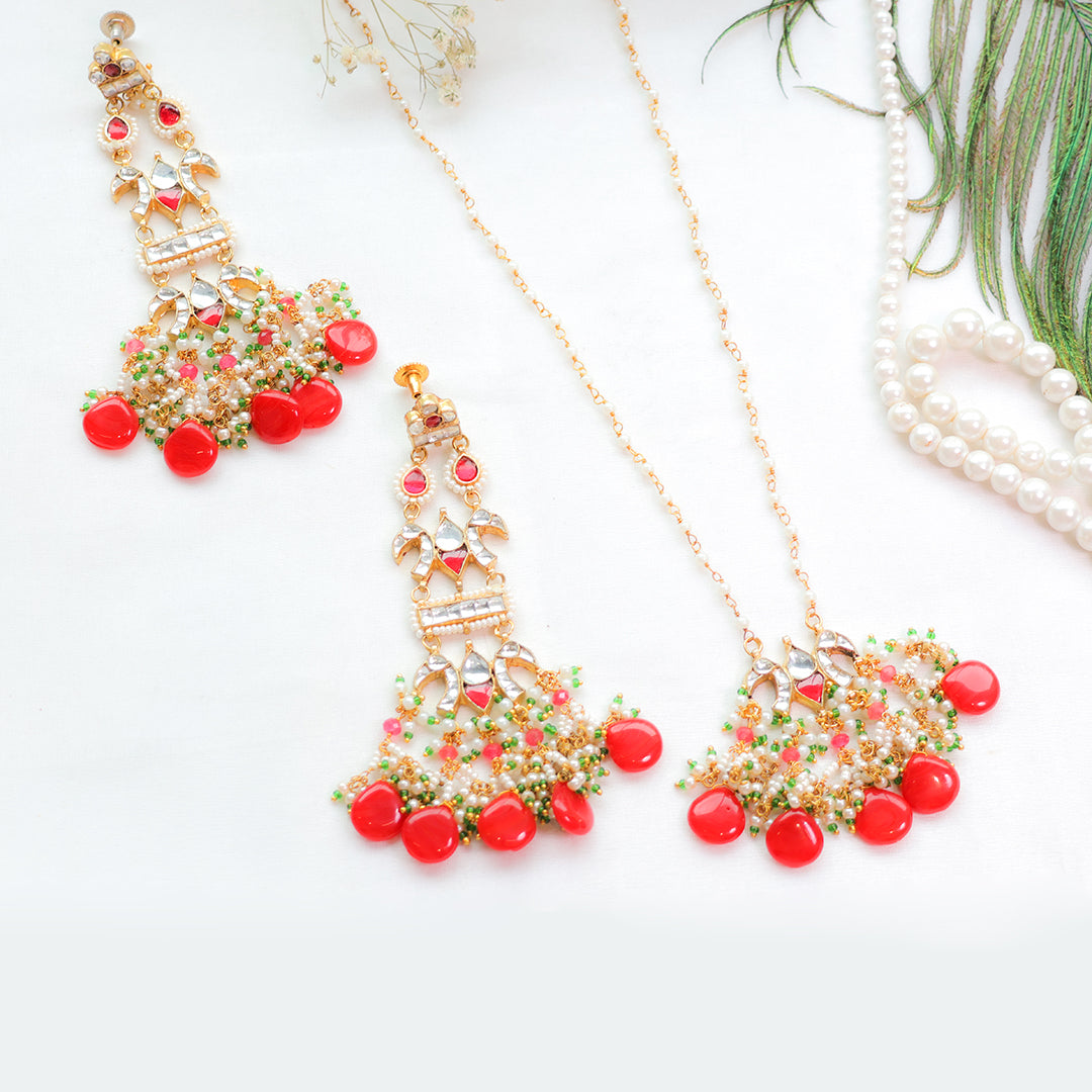 Traditional Peacock Red Beaded Kundan Necklace and Earring Set – Festive Ethnic Jewellery