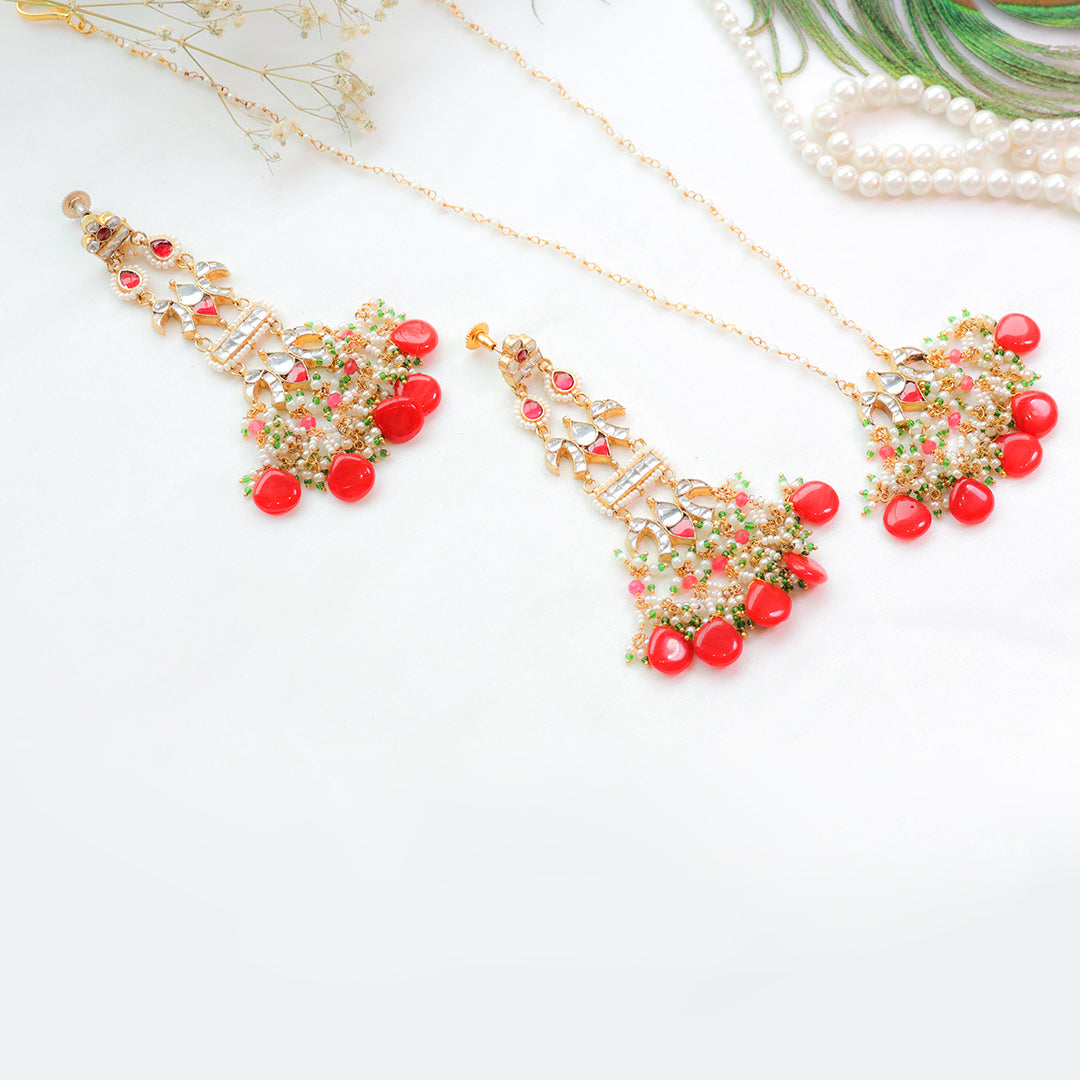 Traditional Peacock Red Beaded Kundan Necklace and Earring Set – Festive Ethnic Jewellery